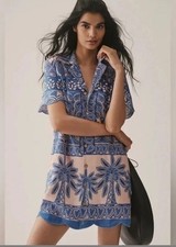 Farm Rio Blue Linen Scalloped Shirtdress NWT Sz S