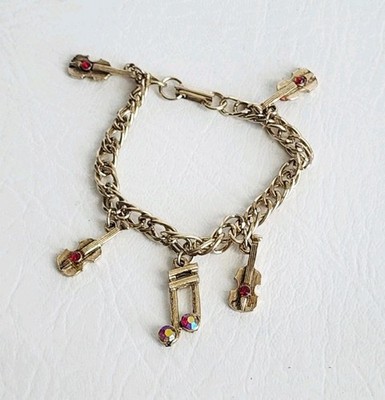 Vintage Musical Violin Instruments Charm Bracelet Gold Tone Rhinestone Notes 7''