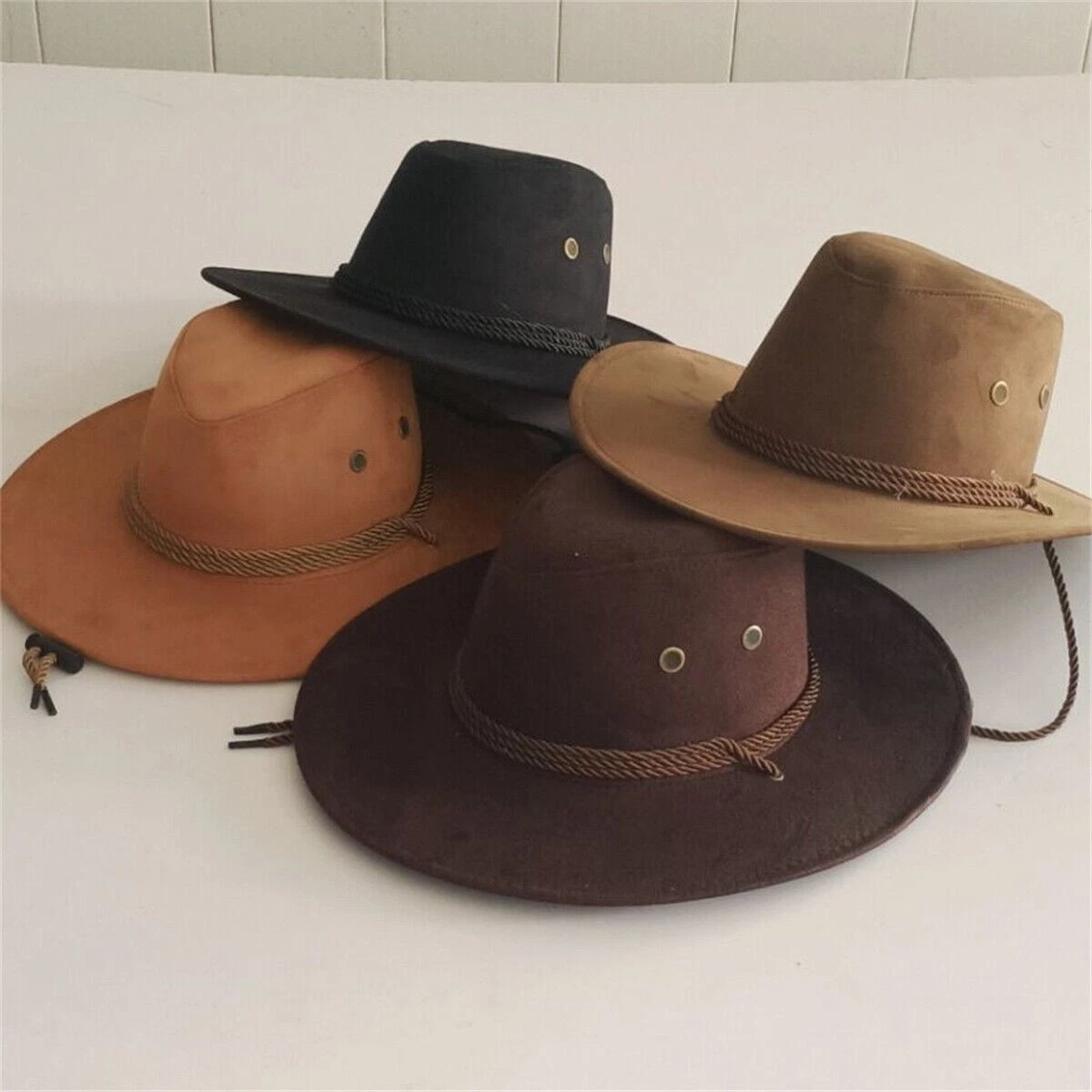 Cowboy Hat Retro Sun Visor Wide Brim Hats w/ Rope Men Women Faux Suede Western