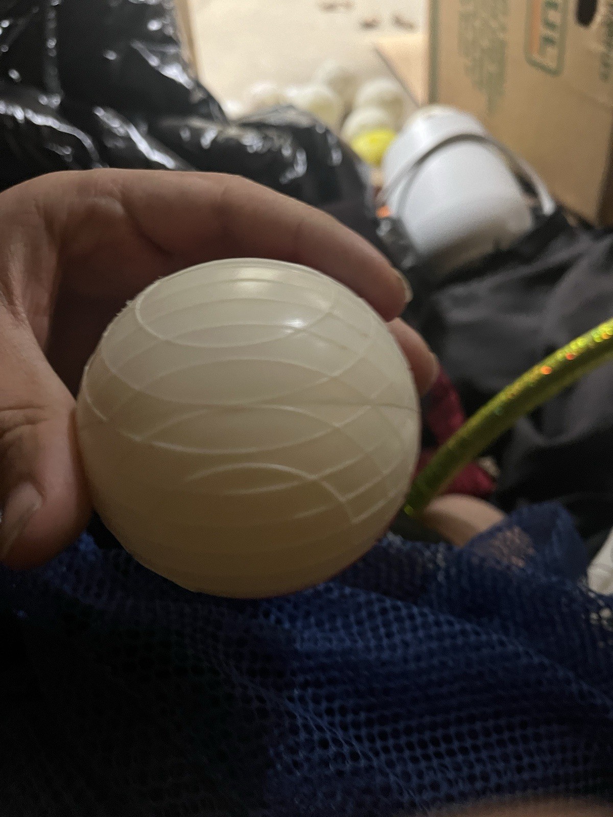 Lot Of 17 Plastic Balls With Holes And A Blue Mesh Bag