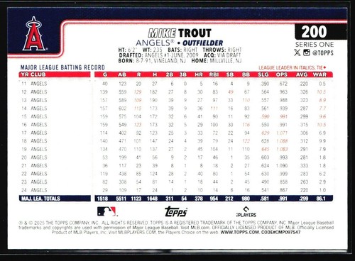 2025 Topps Sandglitter Mike Trout Los Angeles Angels #200 - Picture 2 of 2