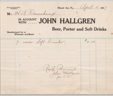 1917 John Hallgren Mount Joy PA Pre-Pro Beer Brewery Billhead BH1-73