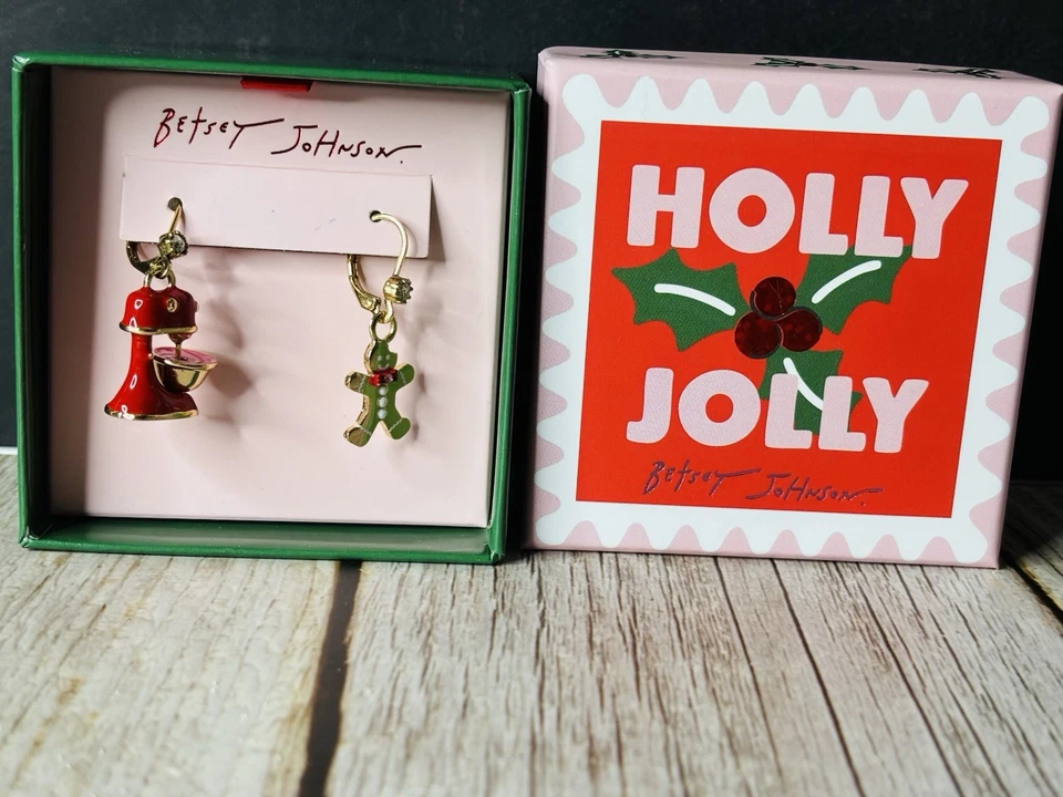 NUEVO EN CAJA Betsey Johnson Mezclador y Pan de Jengibre Navidad Horneado Desajuste Pendientes Colgantes Foto 3 de 3