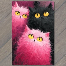 Art Print Pink Black Cats Yellow Eyes Fluffy Trio Whimsical Cute