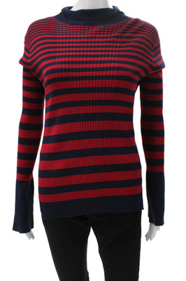 Strenesse Womens Pullover Sweater Red Mock Neck Striped Long Sleeve Size 8