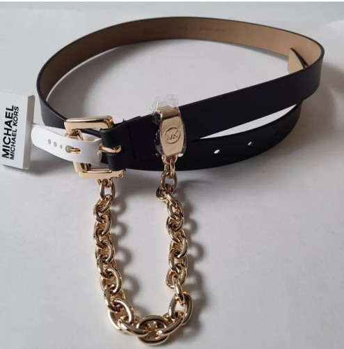 Michael Kors MK charm Logo Buckle Belt Black Leather Size L