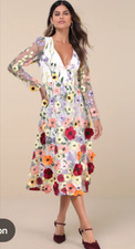 Lulus Impressive Blossom White 3D Floral Embroidered Midi Dress NEW Small 4-6