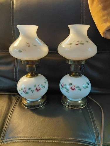 Vintage Pair Of Hand Painted Boudoir Lamps White Milk Glass Three Way Switch 13"