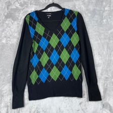 APT 9 100 Cashmere Sweater Argyle V Neck Black Blue Green Womens L