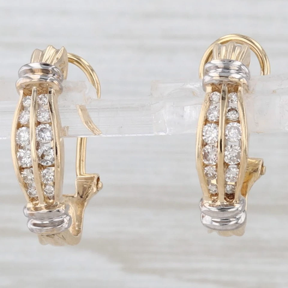 0.40ctw Diamond J-Hook Drop Earrings 14k Yellow White Gold Omega Backs - Image 2 of 4