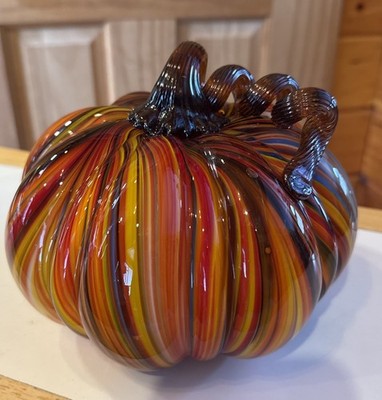 Hand Blown Art Glass Orange Bright Multi Swirl Pumpkin 7  Fall Designer Decor