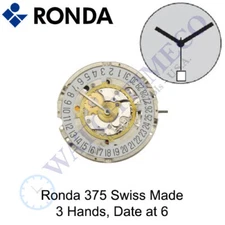Genuine Ronda 375 Watch Movement Swiss Made 3 Hands, Date at 6