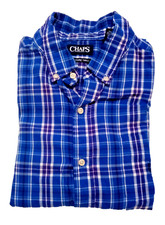 CHAPS Men’s Shirt XL Blue Easy Care Twill Check Plaid Long Sleeve Button Down/Up
