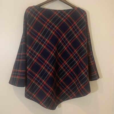 The Vermont Country Store Womens Plaid Poncho Lined Side Buttons Academia