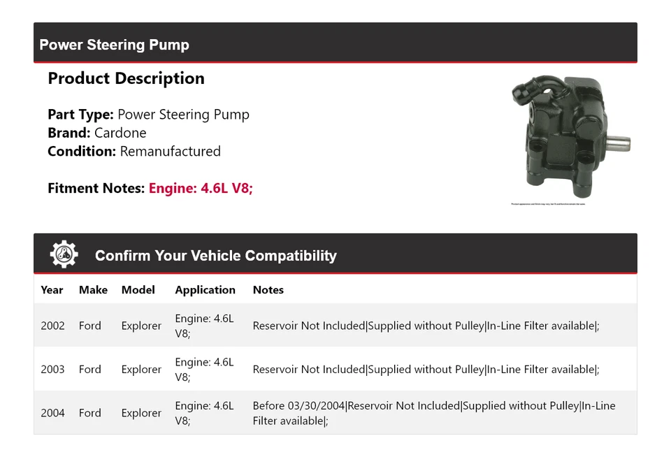 For 2002-2004 Ford Explorer 4.6L V8 Power Steering Pump Cardone 2003 - Image 2 of 4