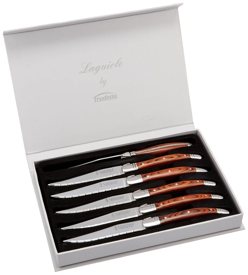 特鲁多 6 件套棕色和灰色 Laguiole 牛排刀带 Pakkawood 手柄 St... — 第 3/4 张图片