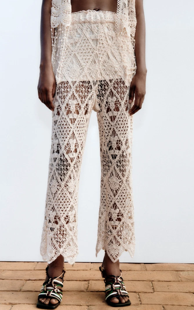 NEW ZARA NATURAL CROCHET EMBROIDERED LACE KNIT PANTS TROUSERS SIZE S RARE