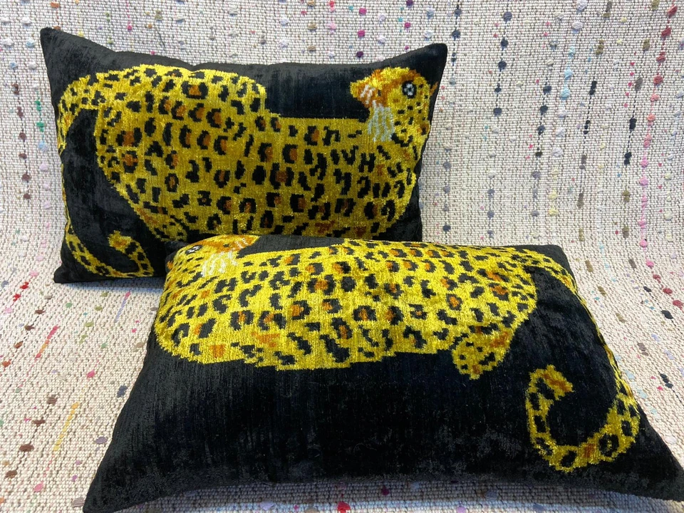Set of Two Tiger Ikat Velvet Pillow, Pair Silk Lumbar Cushion Cover ,yellow anim - Image 3 of 4