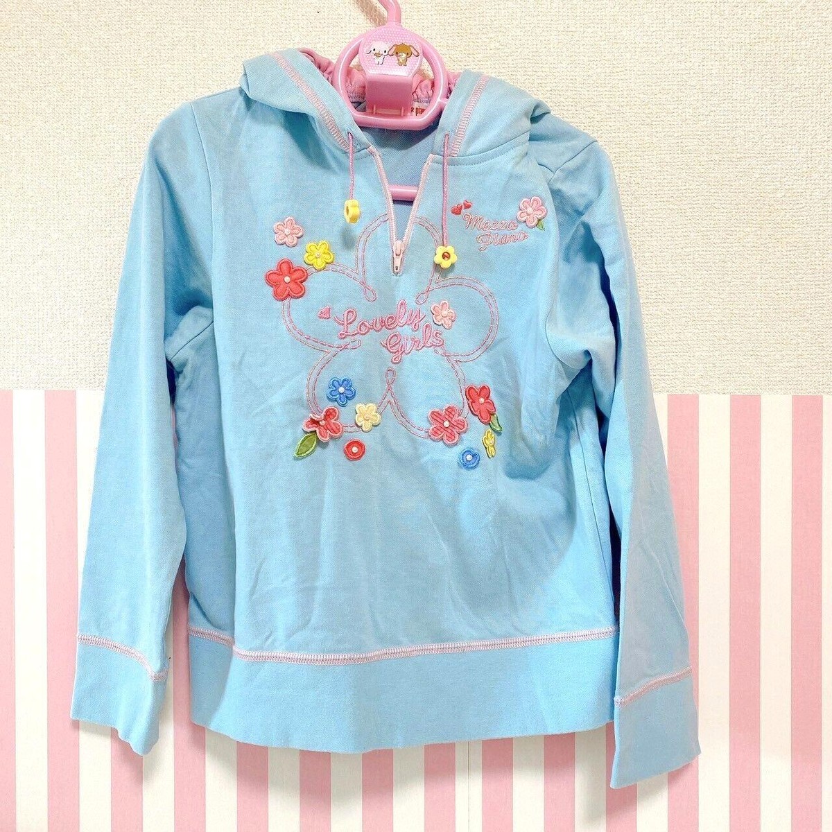 mezzo piano ウエア　135 Mezzo Piano Hoodie Flower Light Blue Embroidery Hood Clothing