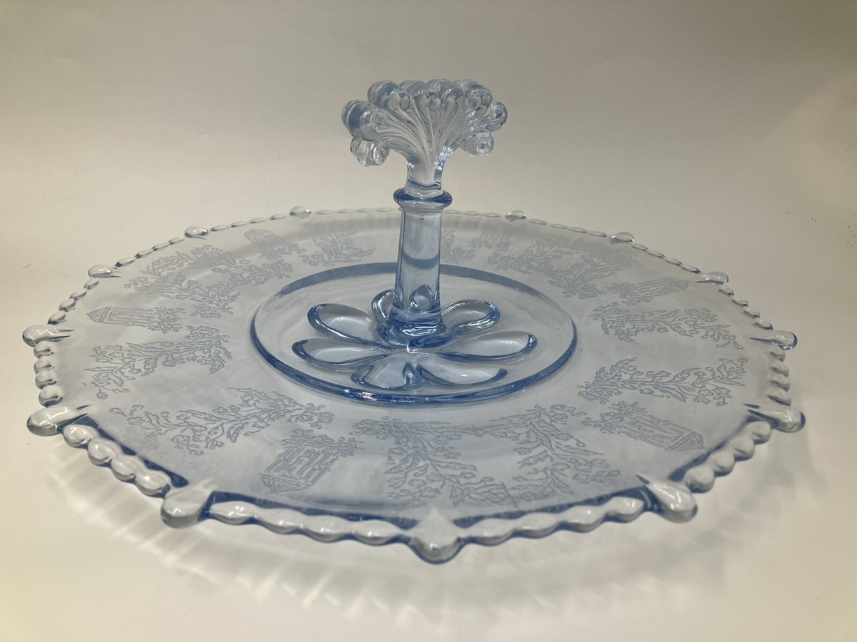 Paden City Light Blue Gazebo Etched Handled Serving Tray