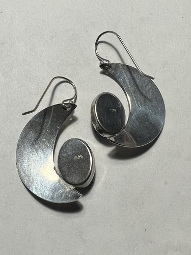 Sterling Crescent Moon Chrysacolla Bezel Set Dangle Earrings Blue Green Boho - Picture 5 of 5