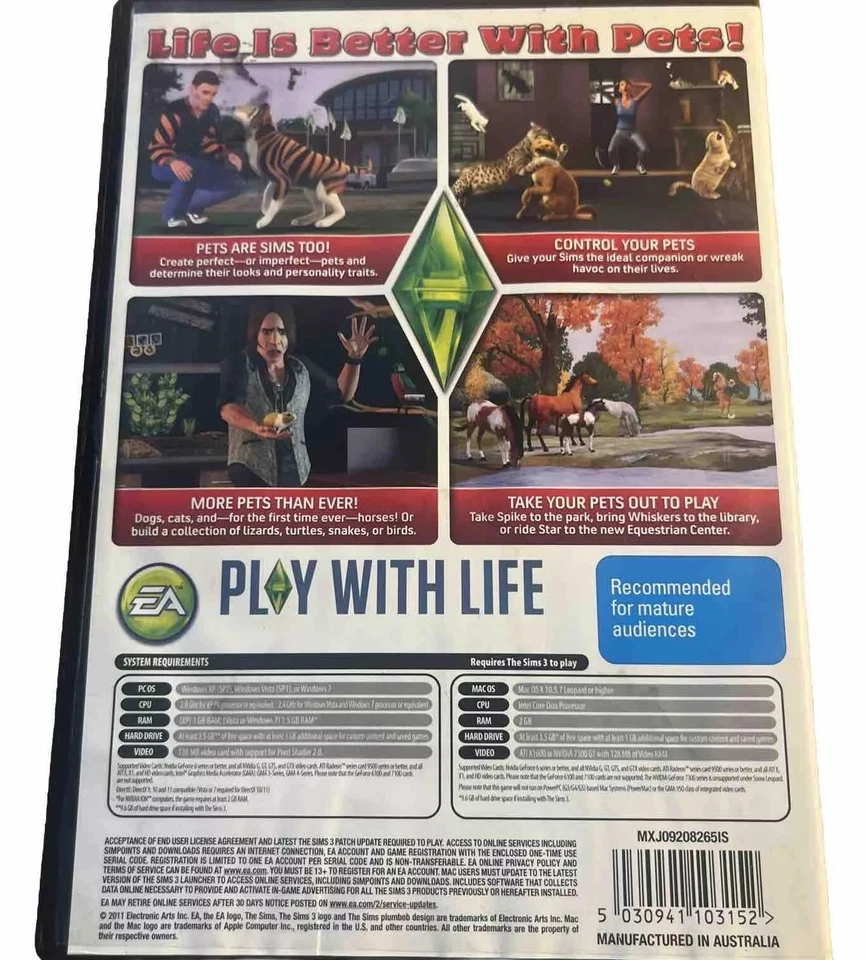 The Sims 3 Pet Expansion Pack PC DVD ROM Rated M With Serial Number Like New - Image 2 of 3