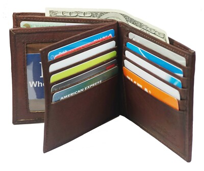Genuine Leather Mens Bifold 2 ID's multi Card Double Flap Wallet Brown AH99-BR