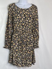 LOFT Women’s Sz XXS Black Floral Drawstring Ruffle hem Long Sleeve A-line Dress
