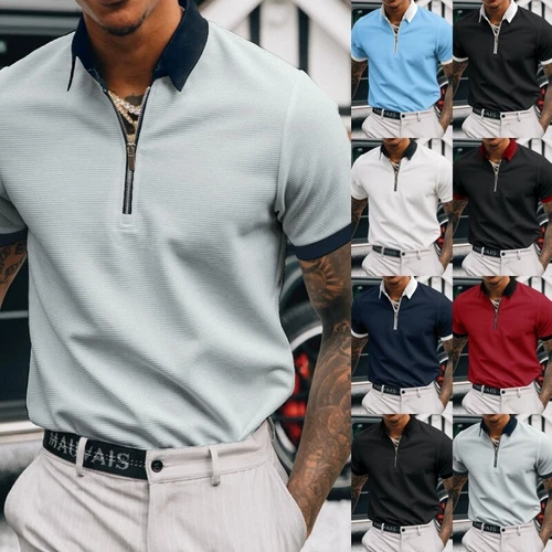 Men Short Sleeve Colour Block Shirt Casual Golf Zipper Lapel T Shirt Casual Tops - Picture 1 of 26
