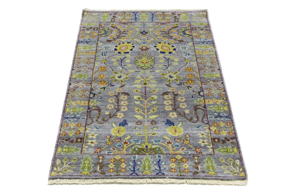 Alfombra de lana floral plateada hecha a mano Osh Chobi alfombra oriental decoración de granja 3X5 pies Foto 2 de 4