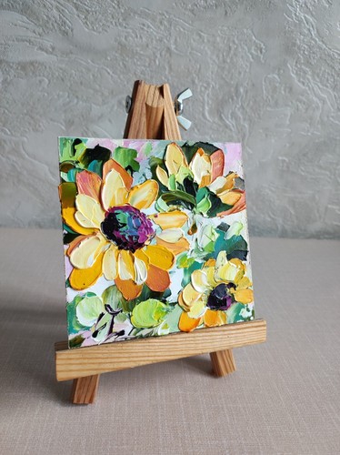 original oil painting Sunflowers yellow wildflowers artwork Floral art 4*4 in - Picture 3 of 9