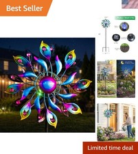 52'' Solar Wind Spinner - Kinetic Peacock Design with Color-Changing LED Ball