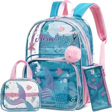 Mermaid Backpack for Girls with Lunch Box Set - Clear School Bag for Kids, K-5