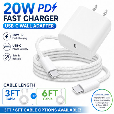 20W Fast Charger For iPhone 17 16 15 Pro Max iPad USB-C Adapter PD 6FT Cable Lot