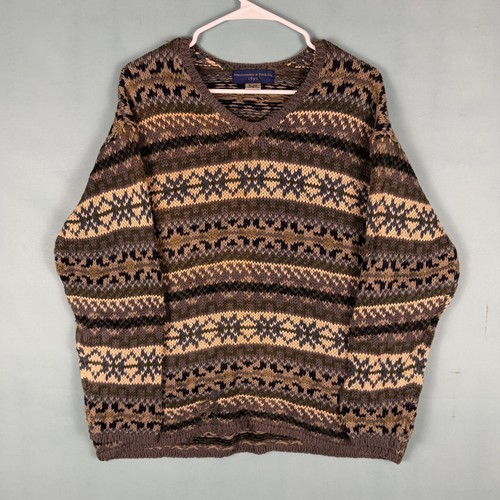 Abercrombie & Fitch, Vintage 90s Abercrombie & Fitch S Brown Green Fair Isle V Neck Knit Sweater
