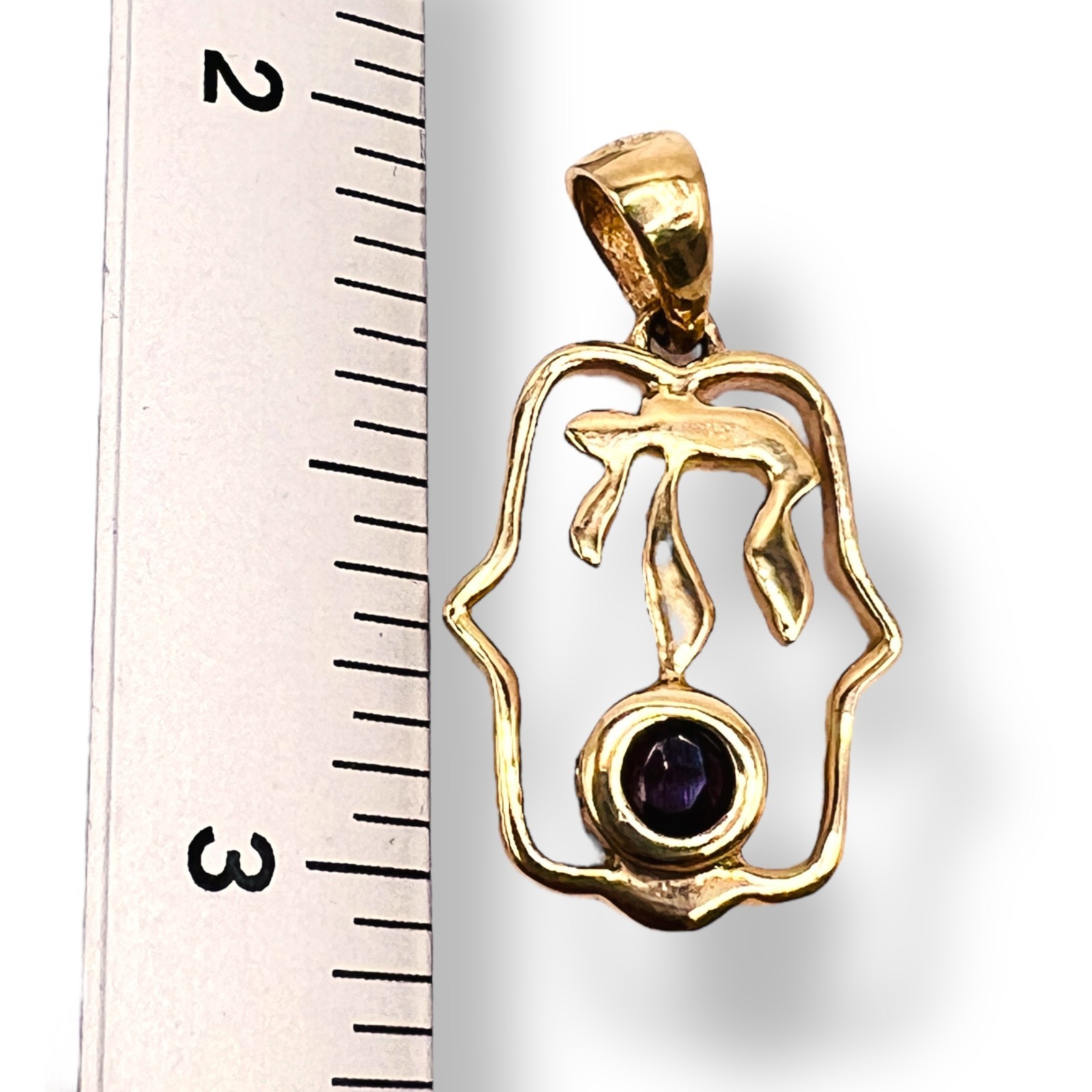 Solid 14k Yellow Gold Ruby Hamsa Chai  Pendant Ch… - image 10