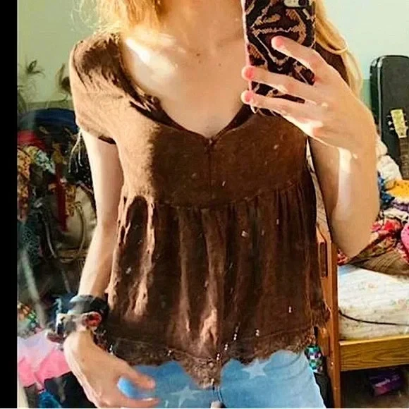 Top Babydoll Bella Twilightcore Boho Marmolado Marrón Altar’d State para Mujer Talla XS Foto 4 de 4
