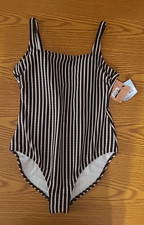 Women's Striped Ribbed Full Coverage One Piece Swimsuit Shade Shore M 467-8