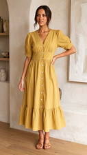Women’s Yellow V-Neck Smocked Button Front A-Line Midi Dress Size S