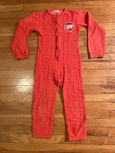 VINTAGE Prisunic Prisu Stop Sign One Piece Pajamas Boy’s 10 Red Textured 60s MCM