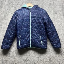Eddie Bauer Hoodie Jacket Girls Large 14/16 Blue Reversible Fleece Splatter