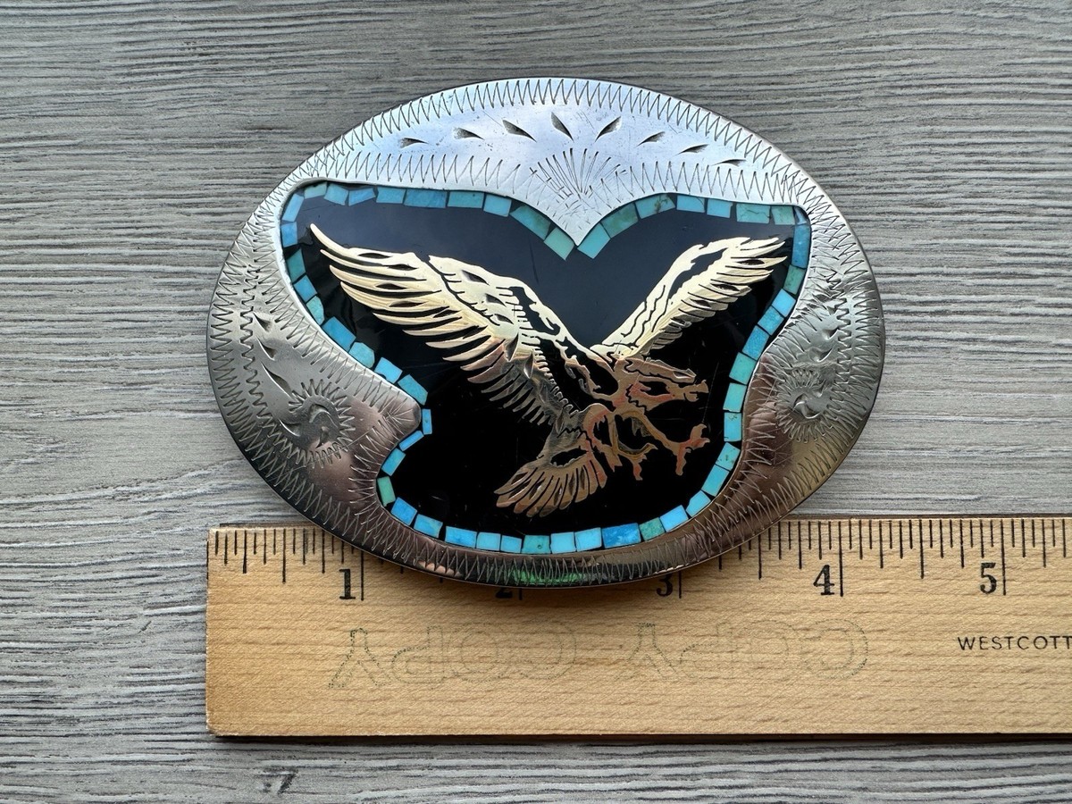 Johnson & Held American Eagle Malachite Inlay Black Enamel & Brass Belt Buckle Johnson Held Buckles In Vintage Belt Buckles for sale - eBay main image 3