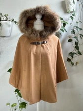 Vintage Wool Cape Coat Genuine Raccoon Fur Hood Poncho Camel Korea
