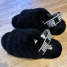 UGG Fluff Yeah Women’s Black Fur Slip-On Slippers Logo Strap Open Toe UK 6