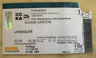 Adam Green , Eintrittskarte, Postbahnhof Berlin, 11.02.2005