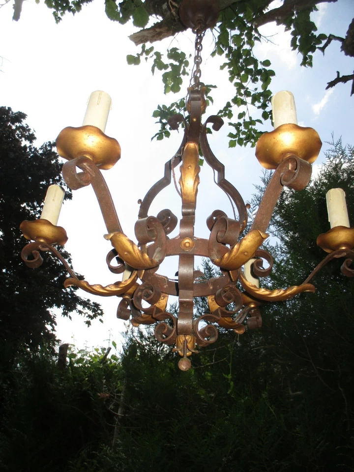 Lustre suspension ancien en fer forgé 6 bras de lumière - Photo 2/4