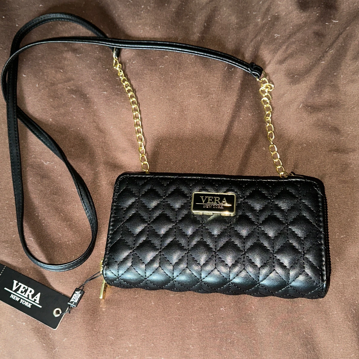 VERA NEW YORK Black Quilted Crossbody Purse Wallet Removable Chain Strap NWT