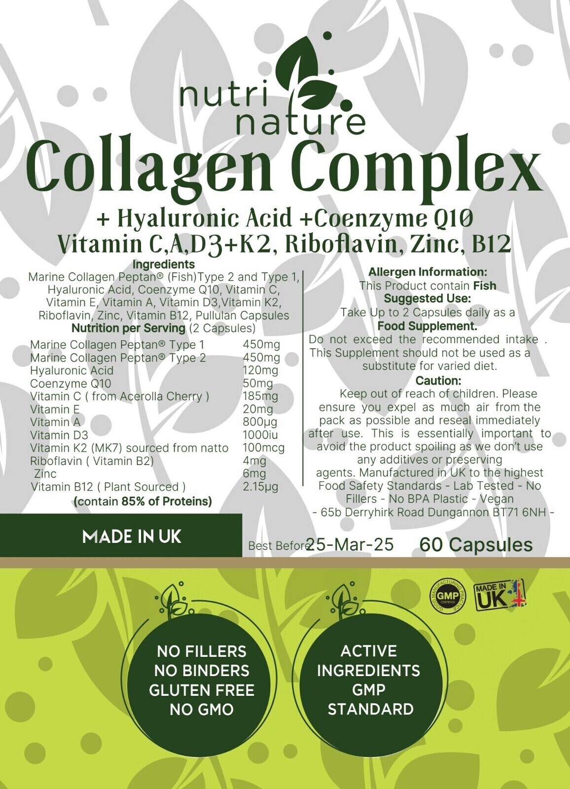 Collagen Complex Hyaluronic Acid Coenzyme Q10, Vitamins A C D B12 E B2