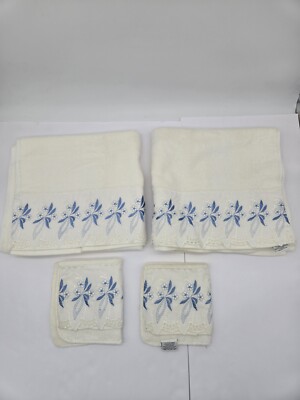 Vtg After Bath Luxury Towel & Washcloth Set White Blue Embroidered Lace Floral 