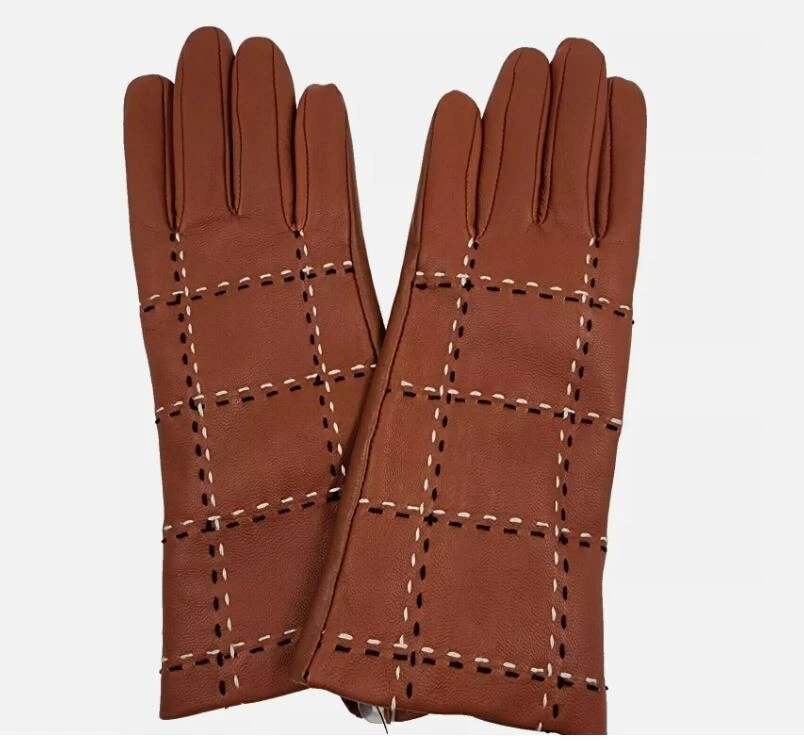 CHARTER CLUB plaid stitched lined touchscreen women's leather gloves Tan-MEDIUM~